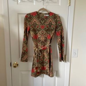Zara Printed Floral Dress with Belt Linen Blend Size S New W/O Tags